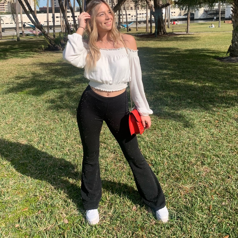 Black glitter flare pants